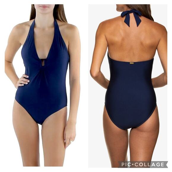 EUC HELEN JON Plunge Tortoise Accent One Piece Halter Women's Sz XL - Picture 1 of 16